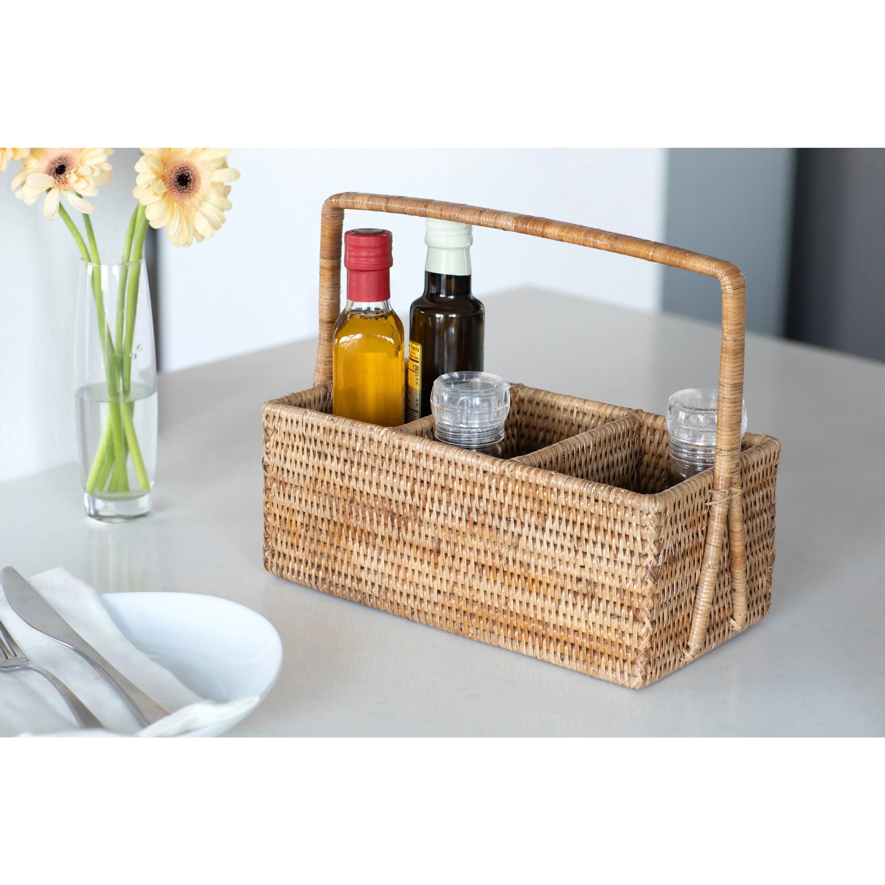 Rattan 3-Section Caddy or Cutlery Holder
